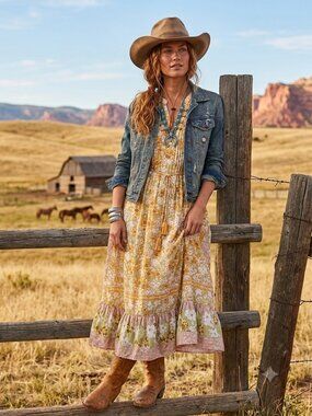Davi & Dani Floral Boho Maxi Dress Yellow Green Flutter Sleeve Tassel Belt